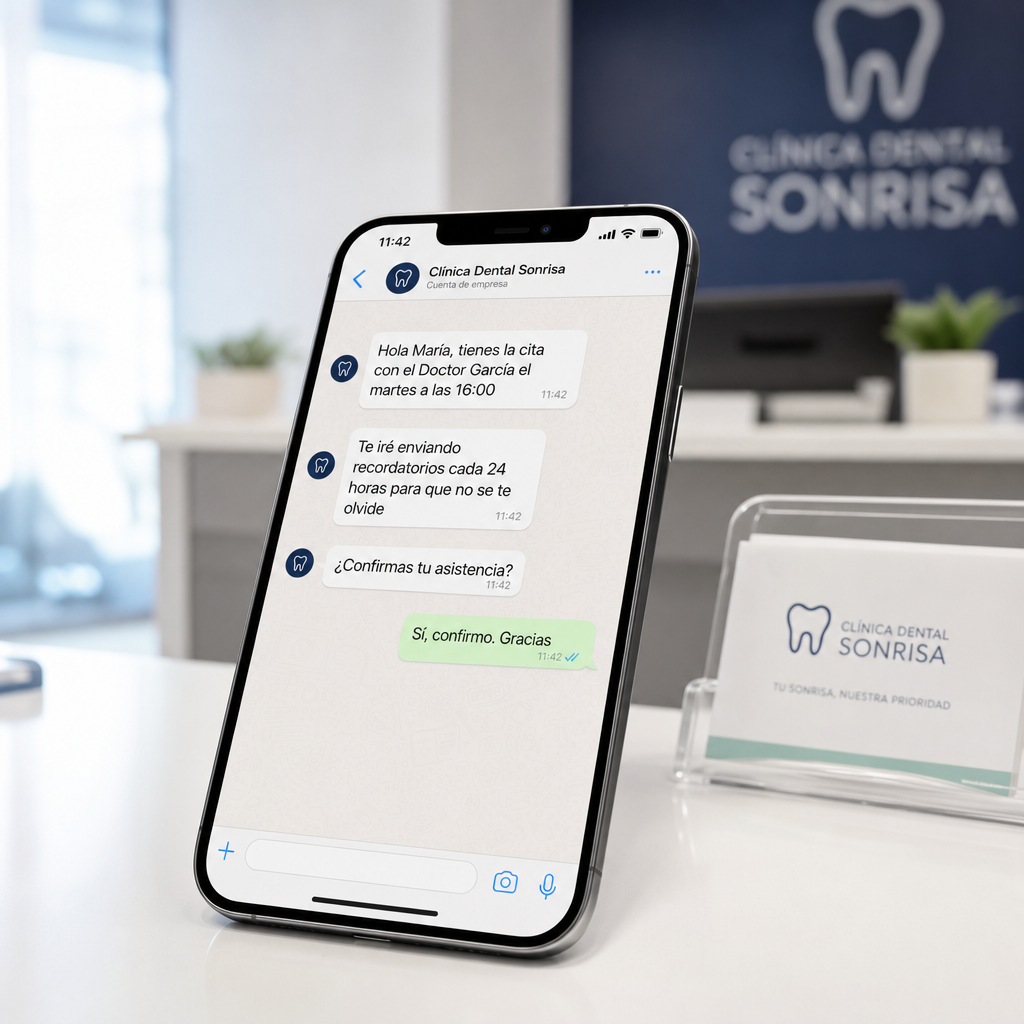 Conversación de WhatsApp en una clínica dental: el asistente confirma la cita con el Doctor García, avisa de recordatorios automáticos y el paciente confirma asistencia